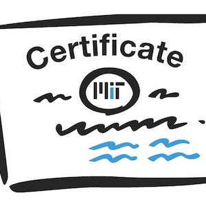 May include: A hand-drawn certificate illustration with the word "Certificate" in bold black letters. The certificate includes a circular logo and blue wavy lines, all outlined in black.