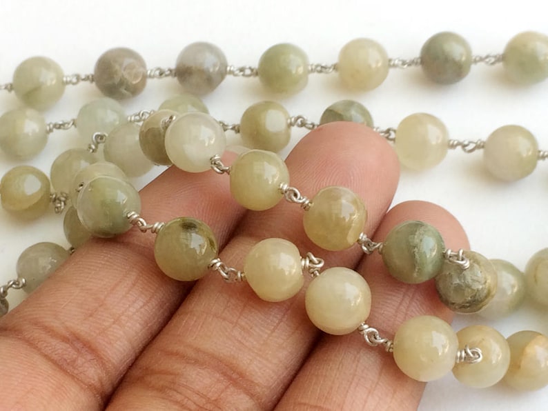 PS3612 Rosary Style Beaded Chain Cats Eye Chain By The Foot 925 Silver Chain 7-8mm Green Cats Eye Wire Wrapped Plain Round Beads