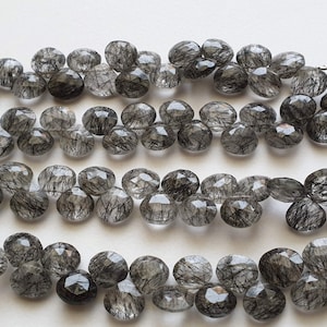 11mm Black Rutile Quartz Faceted Heart Beads, Rutiliated Quartz Beads, Faceted Heart Beads for Jewelry (4IN To 8IN Options) - AAG56