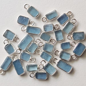 Aquamarine Rectangle Charm Connectors Natural Aqua Plain 925 Silver Bezel Connector 13.5-14.5mm Double Loop Findings-PSG301