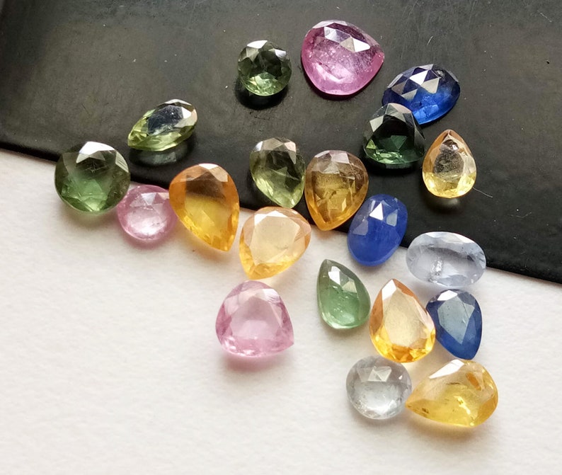 5 Pcs Multi Sapphire Faceted Flat Back Cabochons Natural Mix Shape Multi Sapphire Cabochons PSG99 4-7mm Loose Sapphire Cabochons