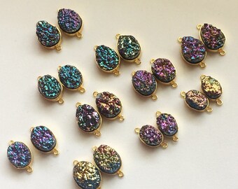 11x20 - 16x25mm Matched Pair Titanium Druzy Double Loop Connectors, 4 Pcs Multi Color Druzy Gold Connectors, Druzy Connector - KRS181M3