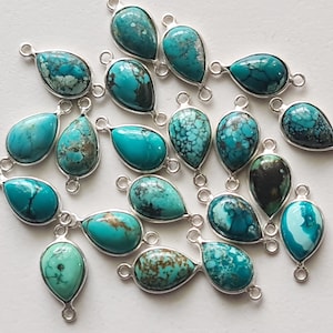 Tibetan Turquoise Pear Charm Connector Natural Plain Pear Flat 925 Silver Bezel Connector 19.5-20mm Double Loop Findings, 5 Pcs - PSG288