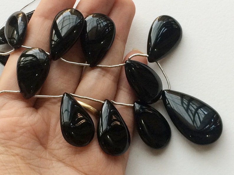 Black Onyx Gemstone Black Onyx Smooth Drop Briolettes 8 Inch Full Strand 13 Pieces AAAgems 34x20mm To 19x13mm Black Onyx Beads