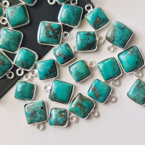 Tibetan Turquoise Square Charm Connector Natural Plain Square Flat 925 Silver Bezel Connector 11.5-12.5mm Single Loop Finding (2Pcs To 5Pcs)
