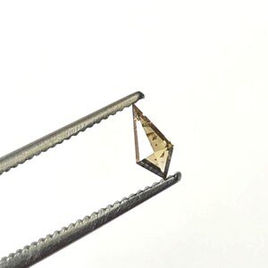 May include: A small, light brown, triangular-cut gemstone is held by a pair of silver tweezers against a white background. The gemstone has a faceted surface, reflecting light. The tweezers are in sharp focus, highlighting the gem's clarity.