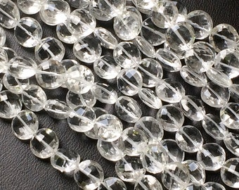 10-10.5mm Crystal Quartz Faceted Coin Beads, Crystal Quartz Round Coin Beads, Crystal Quartz Faceted Coin For Jewelry (4IN To 8IN) - AGA126