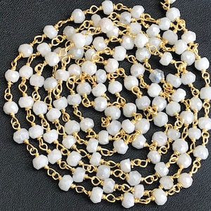 3.5-4mm Ice Quartz Wire Wrapped Faceted Rondelle Beads, Rosary Style Beaded Chain, Gold Polished Rosary Chain By The Foot - KS3539