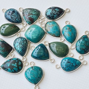 Tibetan Turquoise Bezel Mix Shape Connector, 5 Pcs Natural Flat Back Turquoise 925 Silver Connectors, Findings, Double Loop - PKSG261