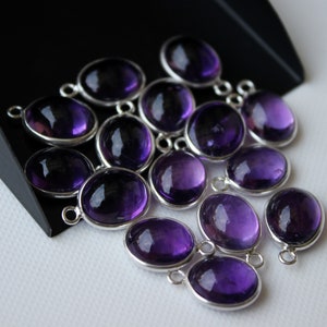 15mm Amethyst Connector Charms, Oval Shape Bezel Connectors, Amethyst Connector Charm for Bracelets / Pendants 925 Silver Double Link, 2 Pcs