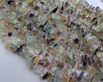 May include: A strand of multi-colored chip gemstone beads. The beads are a mix of green, blue, purple, and yellow.