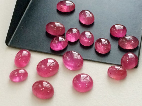 7-9mm Ruby Glass Filled Oval Plain Cabochons, Loose Ruby Cabochons For Jewelry, Glass Filled Ruby Flat Back (4Pcs To 12Pcs Options)