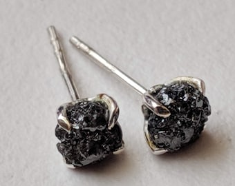 5mm Black Raw Diamond Studs, 2 Pcs Matched Pair Black Rough Diamond Studs, 925 Sterling Silver Raw Diamond Earrings Prong Setting - PPD566