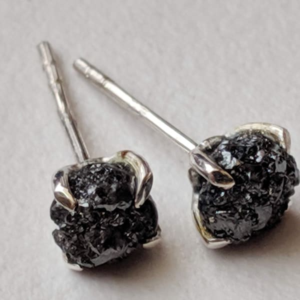 5mm Black Raw Diamond Studs, 2 Pcs Matched Pair Black Rough Diamond Studs, 925 Sterling Silver Raw Diamond Earrings Prong Setting - PPD566