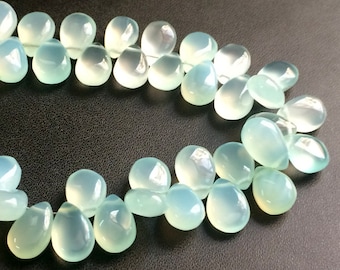 7x8.5mm - 9x14mm Aqua Chalcedony Plain Pear Beads, Aqua Chalcedony Briolette Beads, Chalcedony For Necklace (4IN To 8IN Options) -RAM26