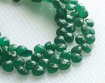 7mm Green Onyx Faceted Heart Briolettes, Green Onyx Faceted Heart Beads, Emerald Green Onyx Heart Beads For Jewelry (3.5IN To 7IN Options)