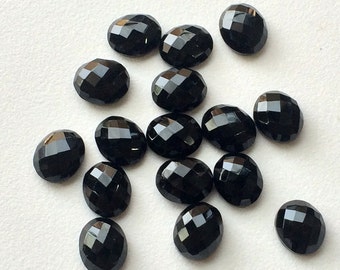 Cabochon ovale à facettes en onyx noir 14 x 10 mm, pierres précieuses taillées en rose en onyx noir, cabochons plats ovales en onyx noir pour bijoux (options de 10 à 20 pièces)