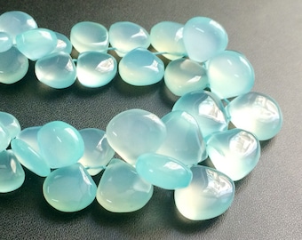 7.5-8mm Aqua Chalcedony Plain Heart Beads, Aqua Chalcedony Briolette Beads, Light Blue Chalcedony For Necklace (3.5IN To 7IN Options)