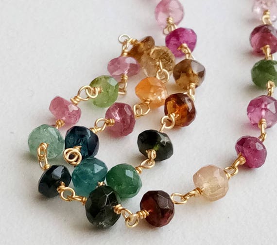 Tourmaline Wire Wrapped Chain 4mm Tourmaline with Sterling Silver Wire Wrap Rosary Style beaded Chain BY FOOT CHN-288