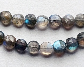 6-7mmLabradorite Faceted Coin Beads, Natural Labradorite Straight Drill Faceted Coins, Flashy Blue Fire Gems, 8 Inch Labradorite For Jewelry