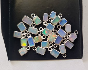 Ethiopian Opal Charm Connector, Natural Opal Plain Flat Rectangle 925 Silver Bezel Connector 9-11mm Single Loop Finding (5Pc To 10Pc)-PSG322
