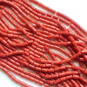 6-7mm Italian Coral Beads, Natural Italian Coral, Original Coral Plain Rectangle Tube, Coral For Necklace (4IN To 16IN Options) - RAMA84