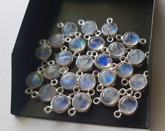 Rainbow Moonstone Round Charm Connectors Natural Moonstone Plain Round 925 Silver Bezel Connectors 14mm Double Loop Finding (5Pcs To 10Pcs)