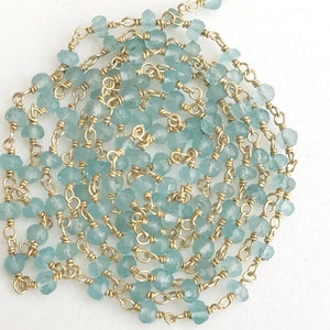 3-3.5mm Aquamarine Wire Wrapped Faceted Rondelle Bead, Chain By Foot, Rosary Style Beaded Chain, 18KT Gold Polish (1Foot To 5Feet Option)