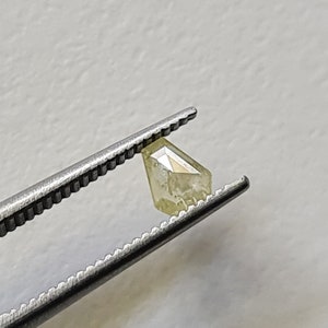 Op de afbeelding: Een kleine, heldere, gefacetteerde diamant met een gele tint, vastgehouden in een pincet.