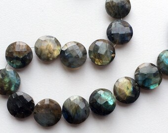 11mm Labradorite Faceted Round Coin Beads, Straight Drill Flashy Blue Fire Gemstone, 10 Inch Strand Labradorite Coins For Jewelry