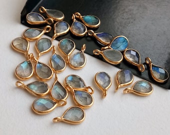 11-13mm Labradorite Faceted Pear Shaped Bezel Connectors, Single Loop Flat Back 925 Silver Gold Bezel Findings ( 5Pcs To 25Pcs Options)