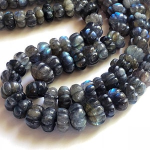 7-10mm Labradorite Melon Beads, Natural Labradorite Hand Carved Melon Beads, Labradorite Carved Melon For Jewelry (8IN To 16IN Options)