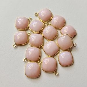 15mm Pink Opal Plain Bezel Connectors 7 Pcs Plain Cushion Cut Single Loop 925 Silver with Gold Polish Bezel Findings For Jewelry - PKSG180