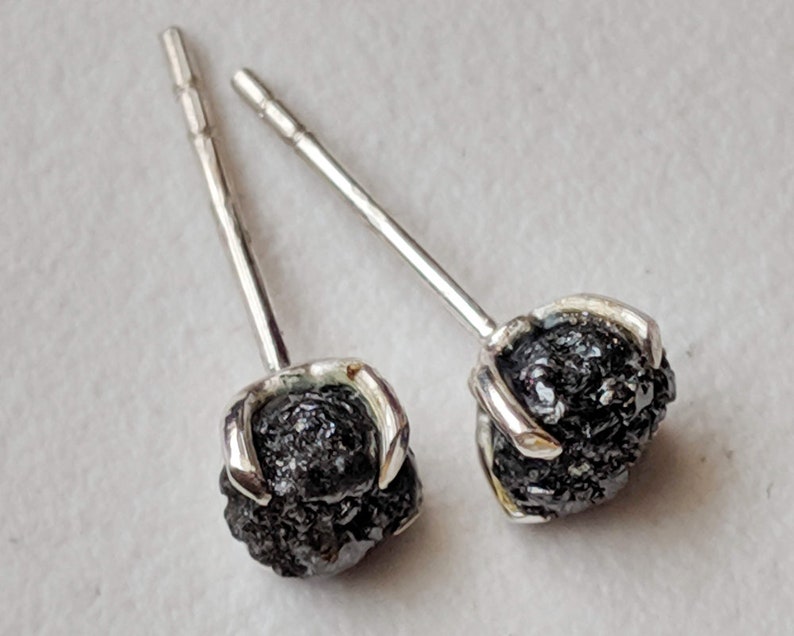 May include: A pair of silver stud earrings with black diamond accents. The diamonds are rough and have a natural, unpolished look.