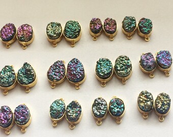 11x20 - 16x25mm Matched Pair Titanium Druzy Connectors, Multi Color Druzy Gold Double Loop Connectors, Druzy Links  ( 2pcs To 4pcs Options)