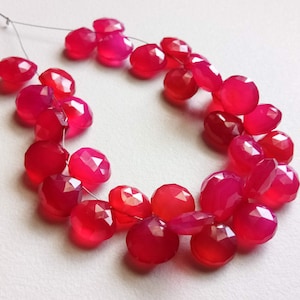 11mm Hot Pink Chalcedony Faceted Heart Beads, Pink Chalcedony Heart Briolettes, Pink Chalcedony, Heart Briolette Necklace 10 Pcs - PDG57