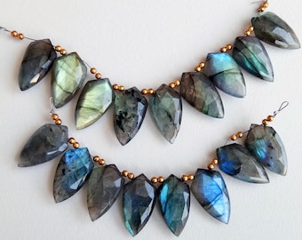 11x21mm Labradorite Faceted Shield Bead, Natural Labradorite, Both Side Faceted Fancy, Labradorite Blue Fire For Jewelry (4IN To 8IN Option)