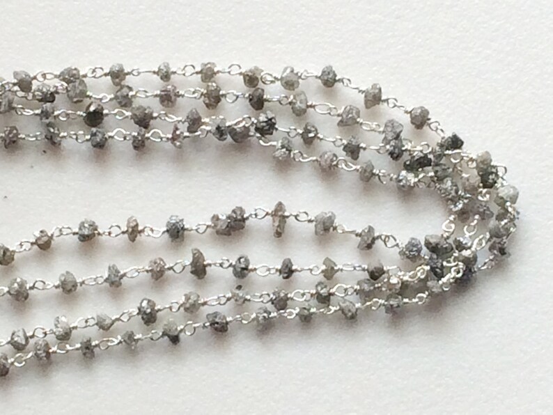 2.5-3.5mm Grey Raw Diamonds Rosary Chain, Grey Rough Diamond Wire Wrapped Beaded Chain, 925 Sterling Silver For Jewelry 6IN To 24IN image 2