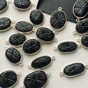 9-17mm Black Onyx Hand Carved Oval Double Loop Connectors, Onyx 925 Silver Connectors, 5 Pcs Black Onyx Bezel Connectors For Jewelry