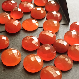 11-14mm Carnelian Orange Chalcedony Checker Cut Cabochons, Orange Flat Back Round Faceted Cabochon For Jewelry (5Pcs To 10Pcs Options)