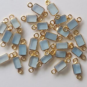 Aquamarine Rectangle Charm Connectors Natural Aqua Plain 925 Silver with Gold Polish Bezel Connector 13.5-14.5mm Double Loop Findings-PSG300