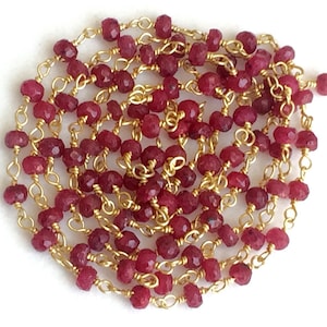 3.5mm Ruby Faceted Rondelle Beads Connector Chains, Ruby in 925 Silver Gold Plate Wire Wrapped Rosary Style Chain (1Foot To 5Feet Options)