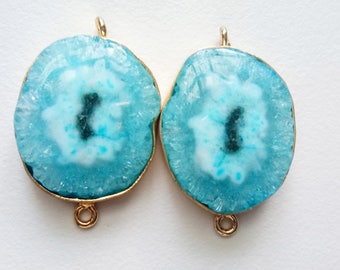 22x34mm Aqua Blue Solar Quartz Druzy Double Loop Connectors, Matched Pair Gemstone Connectors, 2 Pcs Bezel Connectors For Jewelry- KS5074