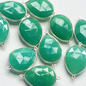 16x25mm Green Chalcedony Connectors, Green Faceted Pear, Double Loop 925 Silver Connectors, Bezel Connectors, Finding, Silver Charm - KS65