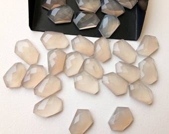 15mm Grey Chalcedony Fancy Rose Cut Cabochon, Natural Grey Chalcedony Faceted Flat Back Cabochons For Jewelry (5Pcs To 10Pcs Options)