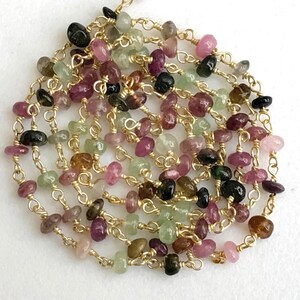 3.5-4mm Multi Tourmaline Wire Wrapped Plain Rondelle Bead, Rosary Style Beaded Chain, 925 Silver With Gold Polish ( 1Foot To 10Feet Options)