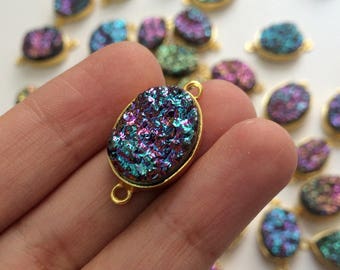 11x20 - 16x25mm Matched Pair Titanium Druzy Connector, Multi Color Druzy Gold Double Loop Connectors, Druzy Connector (2Pcs To 4Pcs Options)