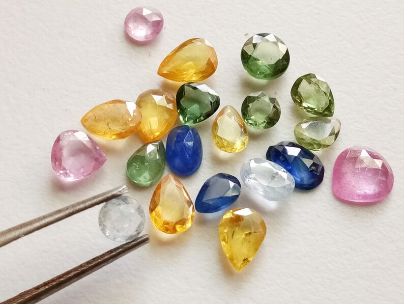5 Pcs Multi Sapphire Faceted Flat Back Cabochons Natural Mix Shape Multi Sapphire Cabochons PSG99 4-7mm Loose Sapphire Cabochons