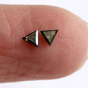 Puede incluir: Dos pequeñas piedras preciosas triangulares con bordes grises oscuros e interior verde claro. Las piedras preciosas se muestran en un dedo, mostrando su tamaño y forma. Las gemas son probablemente para la fabricación de joyas.