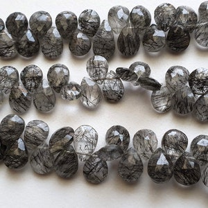 8x10mm Black Rutile Quartz Faceted Pear Beads, Rutiliated Quartz Beads, Faceted Pear Beads for Jewelry (4IN To 8IN Options) - AAG50